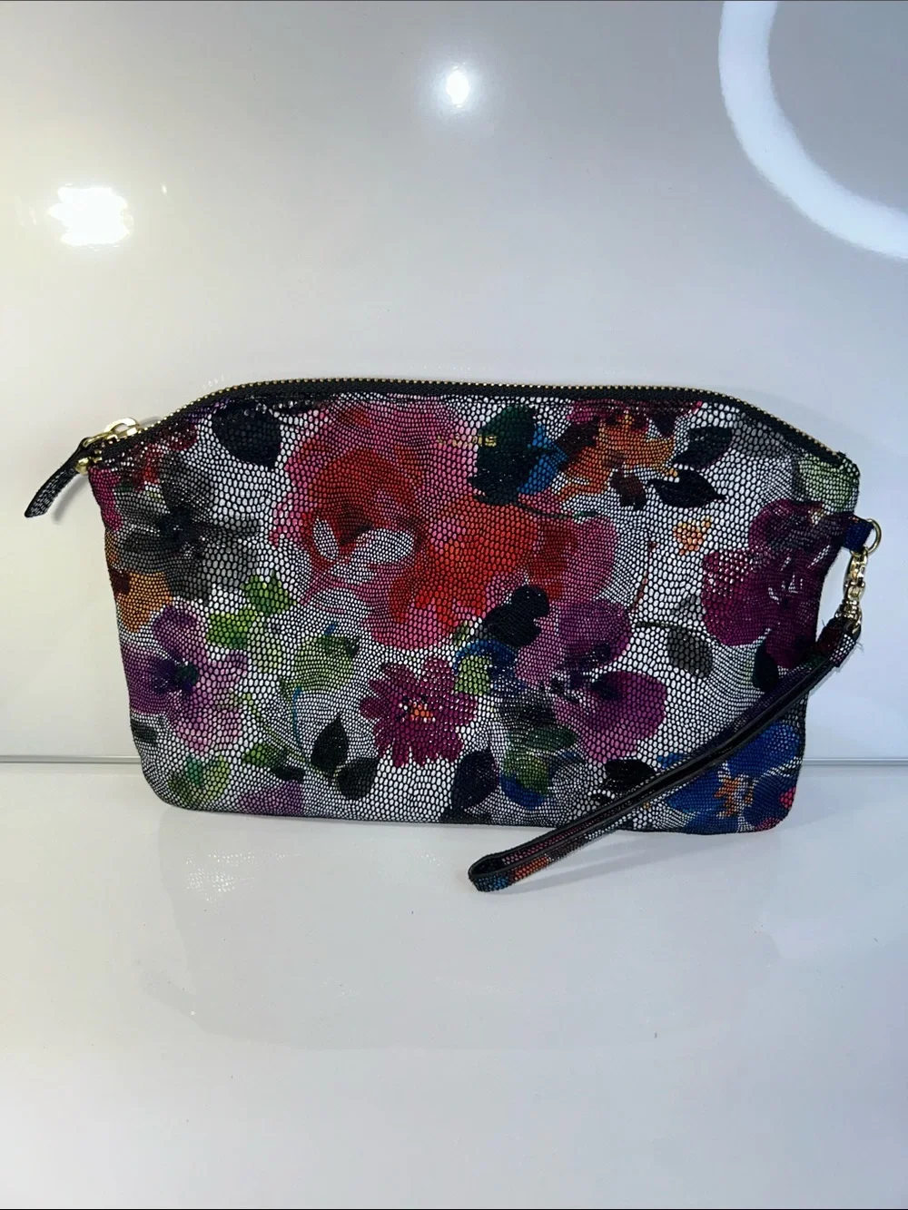 NWOT Lodis Brand Genuine Leather Colorful Floral Print Clutch Wristlet